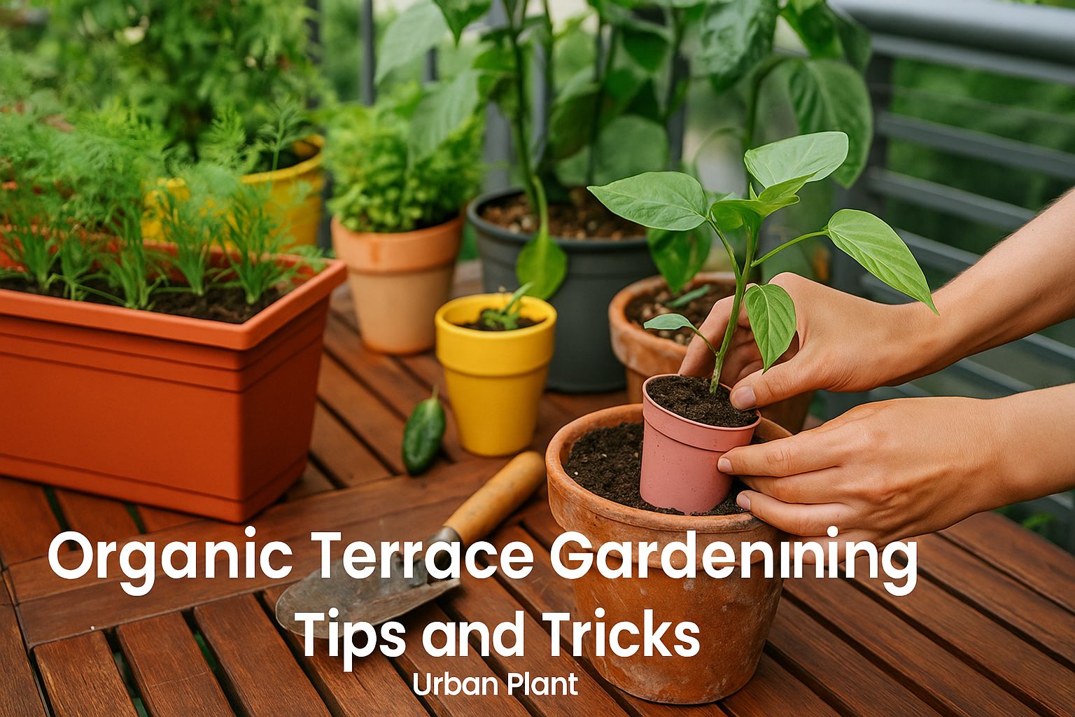 wooden terrace/rooftop garden, surrounded by organic herbs and tools – Urban Plant